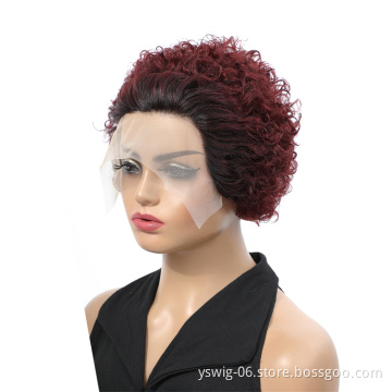 Popular Pixie Cut Human Hair Wig Brazilian 6 inch Cut Wig Short 1B/99J 2Tone Ombre Color Bob Lace Front Wig with Wholesale Price